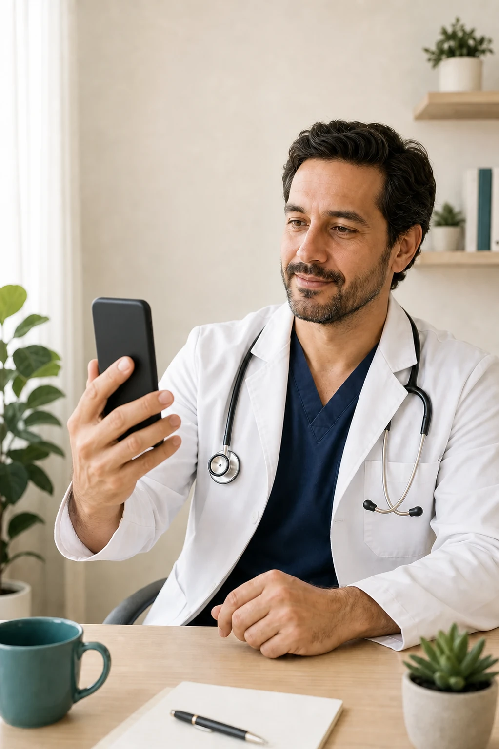 Médico atendiendo una consulta virtual a través de su celular