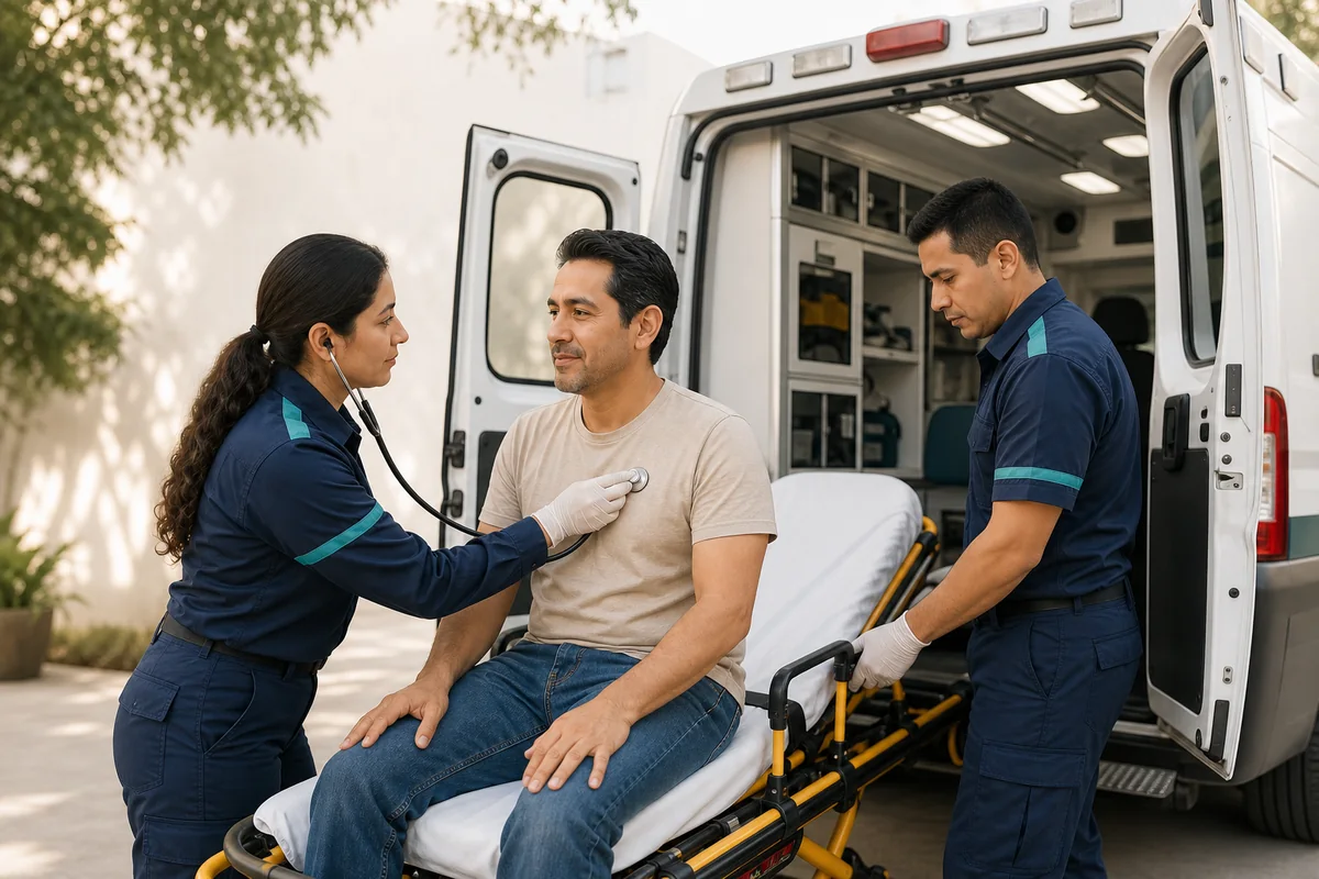 Personal de salud atendiendo a un paciente para su traslado